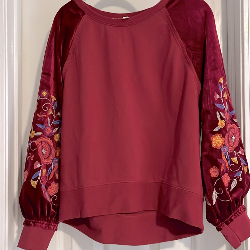 Umgee Burgundy Blouse with Floral Embroidered Sleeves